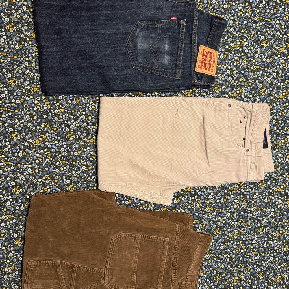 Levi's,Tommy hilfiger and Old navy pants (2) corduroy (1) blue jeans
